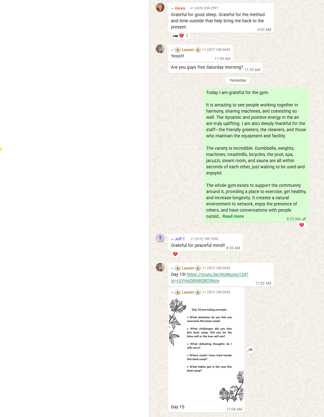 WhatsApp group chat screenshot from a San Diego Meditation Center bootcamp